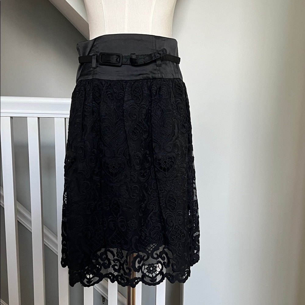 eva mendes for New York & Company Black Lace Midi Skirt with Satin Waistband